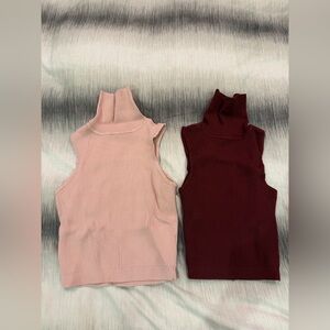 Set of 2 Ribbed Knit Turtle Neck Sleeveless Crop Tops - Light Pink & Burgundy